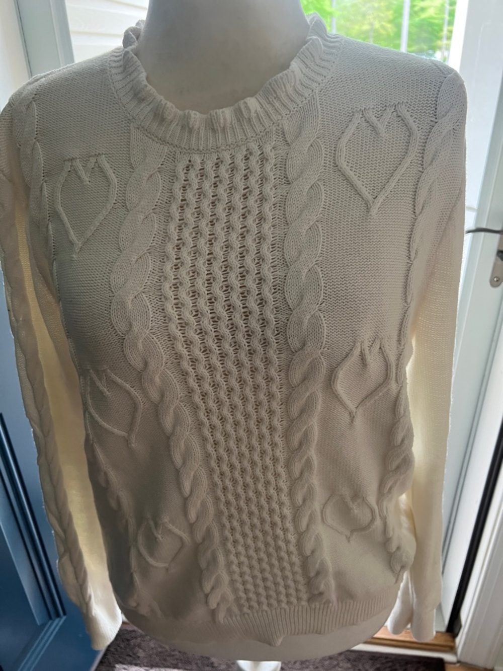 J.Crew Ivory Cable Knit Sweater XL Crewneck Classic Cozy Stitched Hearts